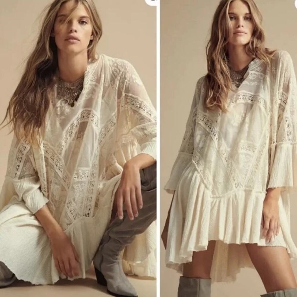 Free People Layered In Lace Swing Dress Tunic Ivory White Small